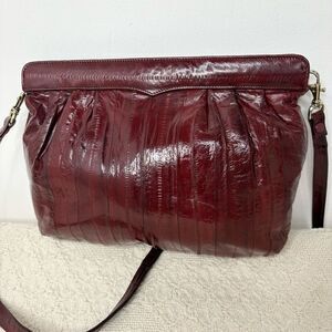 80s/90s Vintage Red Eel Skin Convertible Clutch Shoulder Bag Burgundy